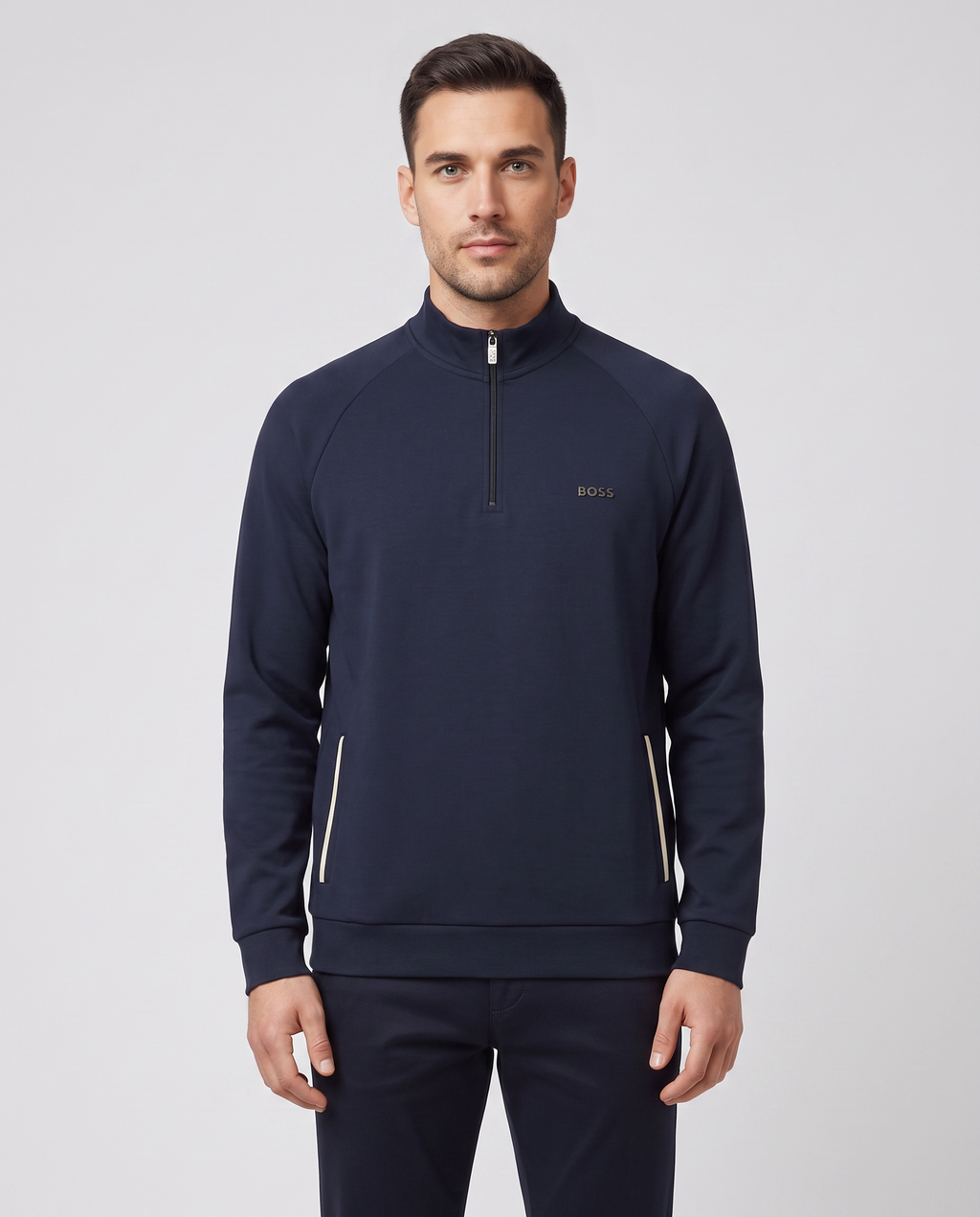 BOSS Black Sense 1/4 Zip Dark Blue Sweatshirt — on model