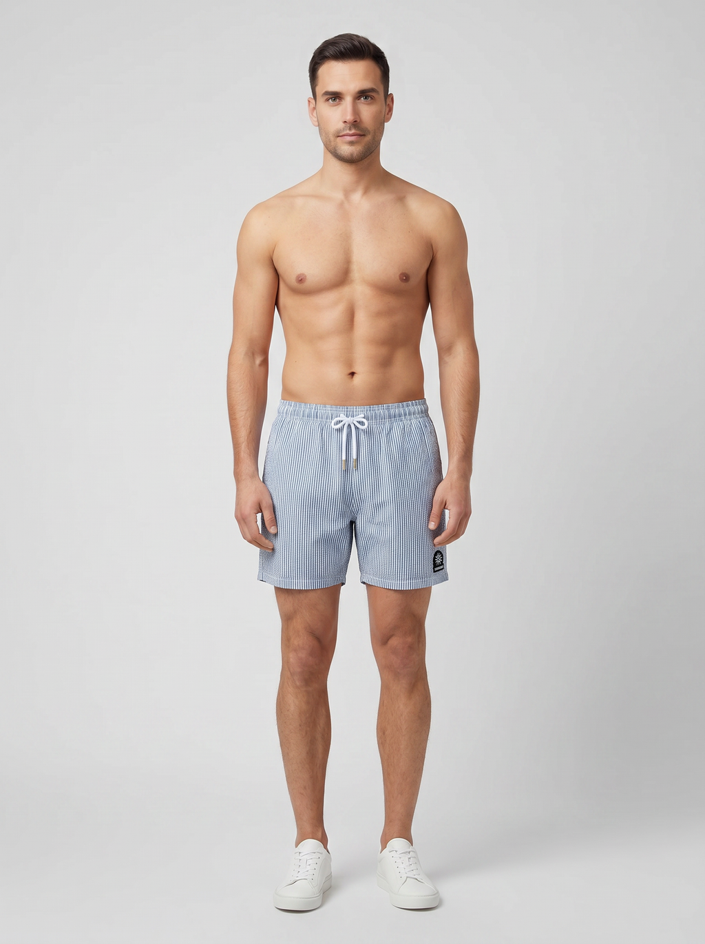 Men's Sandbanks Navy Seersucker Swim Short — on model