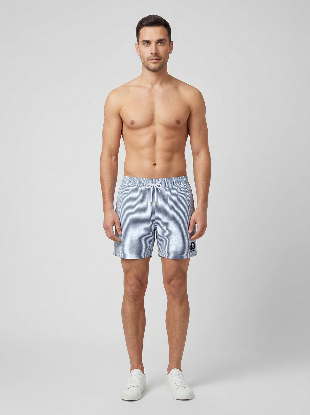 Men's Sandbanks Navy Seersucker Swim Short — on model