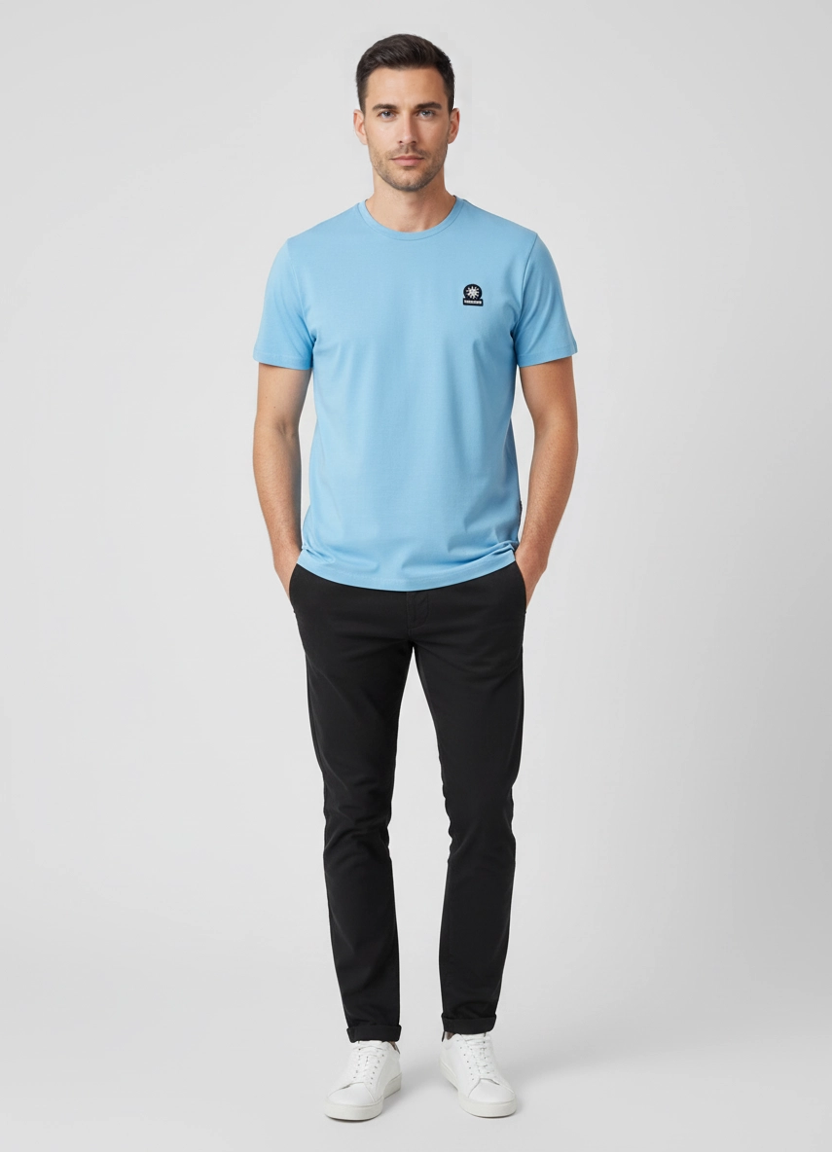Men's Sandbanks Badge Logo Dusty Blue T Shirt on model