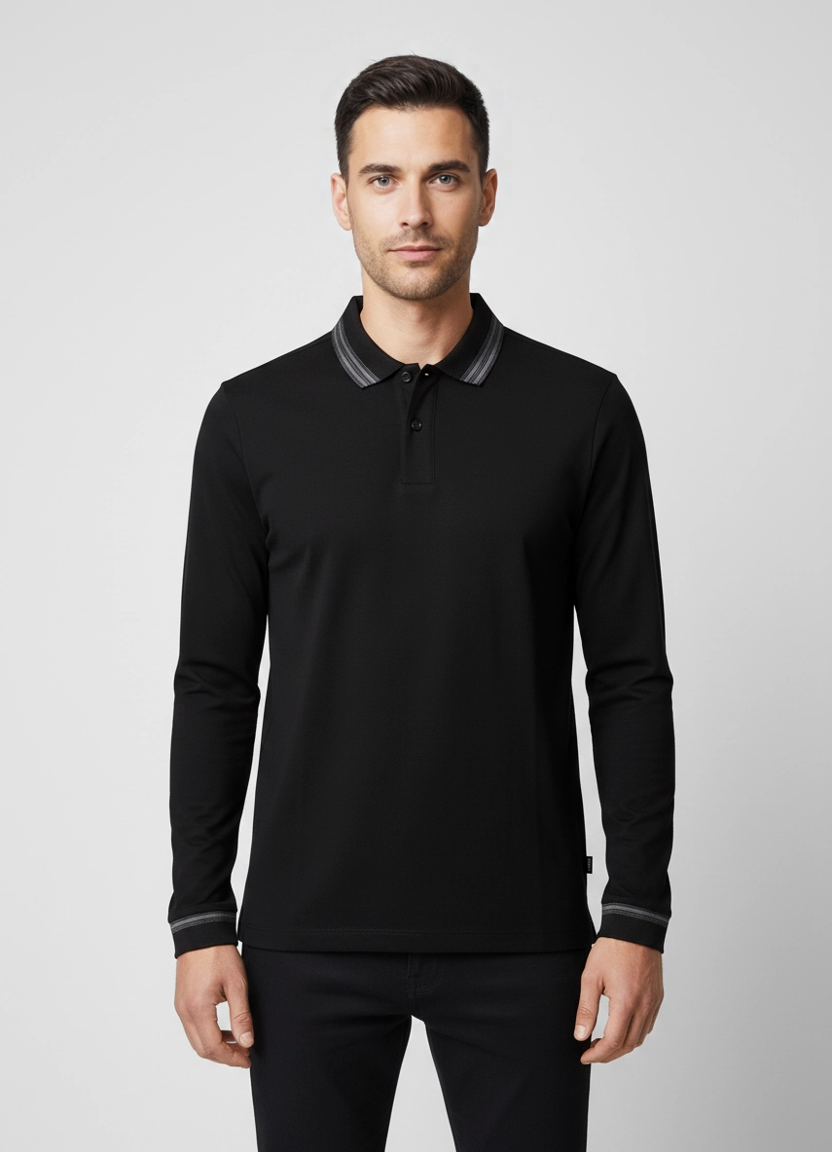 BOSS Black H-Pleins 202 Black Slim Fit Polo Shirt on model