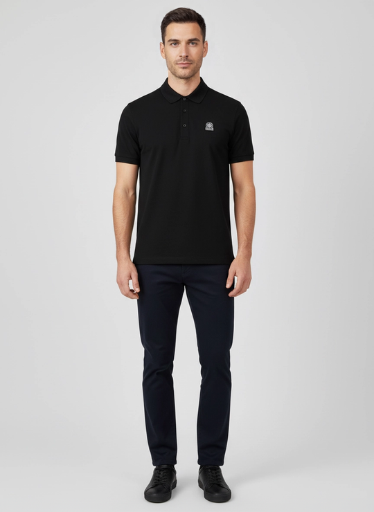 Men's Sandbanks Black Interlock Full Button Polo Shirt