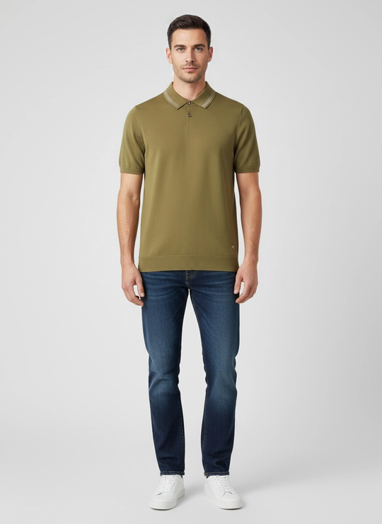Mens Paul Smith Khaki Knitted Merino Wool Polo Shirt