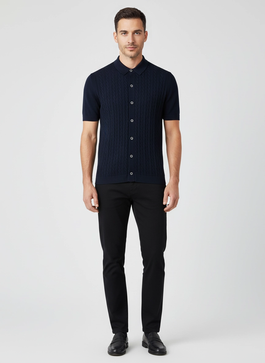 Men's Gran Sasso Navy Cable Knit Full Button Up Polo Shirt