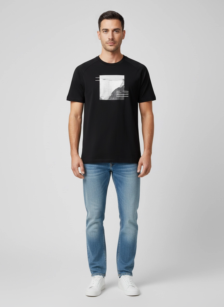 Mens BOSS Green Tee Stripe Zone Black T Shirt on model