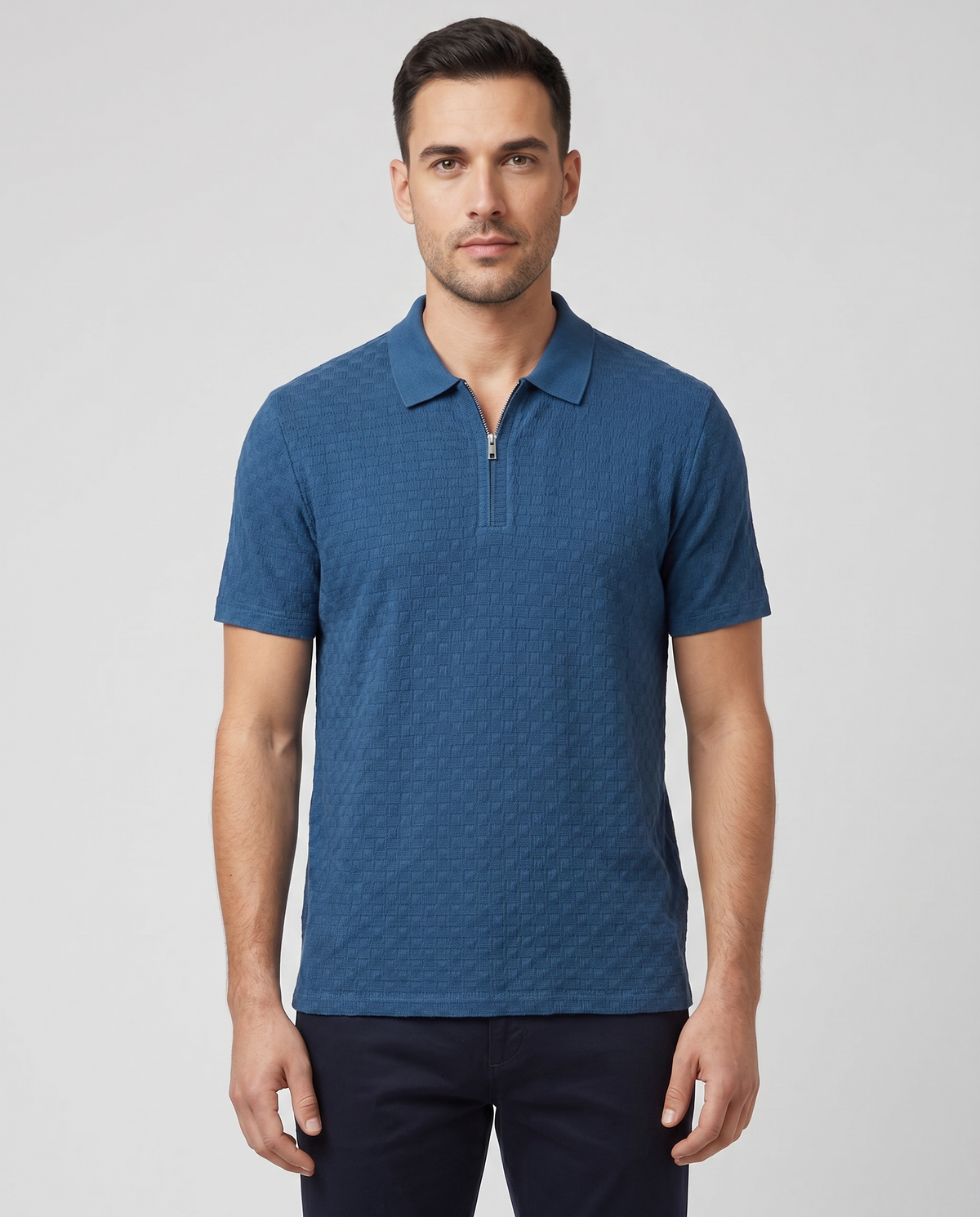 Men's Paul Smith Blue Textured Cotton Zip-Neck Polo Shirt — on model