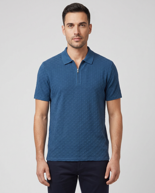 Men's Paul Smith Blue Textured Cotton Zip-Neck Polo Shirt