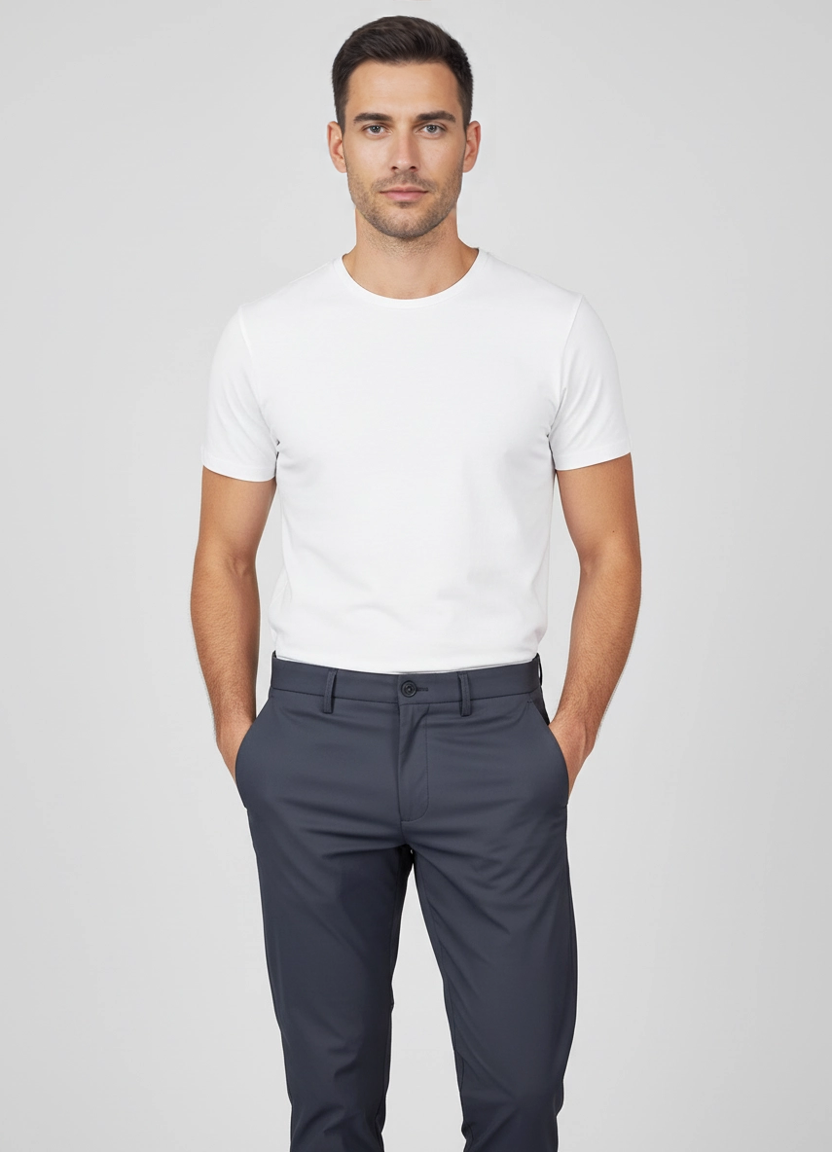 Men's BOSS Green T Phoenix Regular Fit Dark Blue Trousers on model