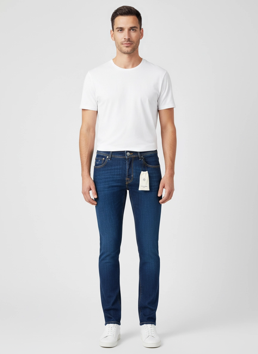 Mens Jacob Cohen 5PKT Nick Slim Fit Dark Blue Jeans front view on model