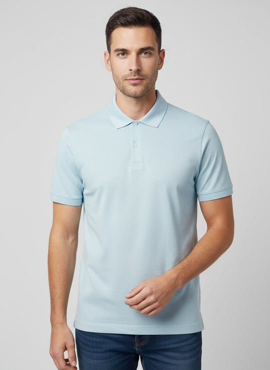 Men's Gran Sasso Blue Mercerised Fine Stripe Short Sleeve 2 Button Polo Shirt