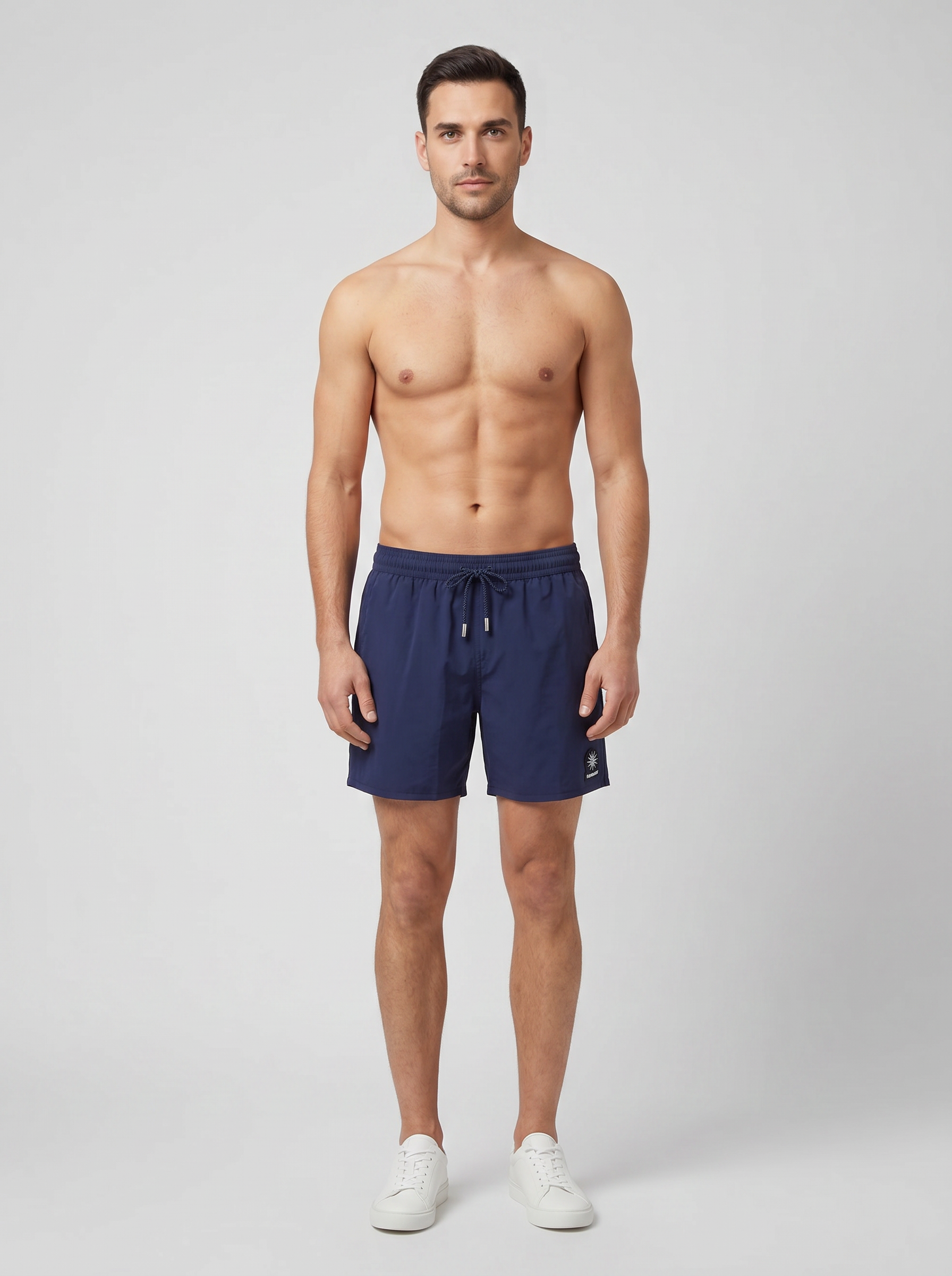Men's Sandbanks Navy Badge Logo Recycled Swim Short — on model