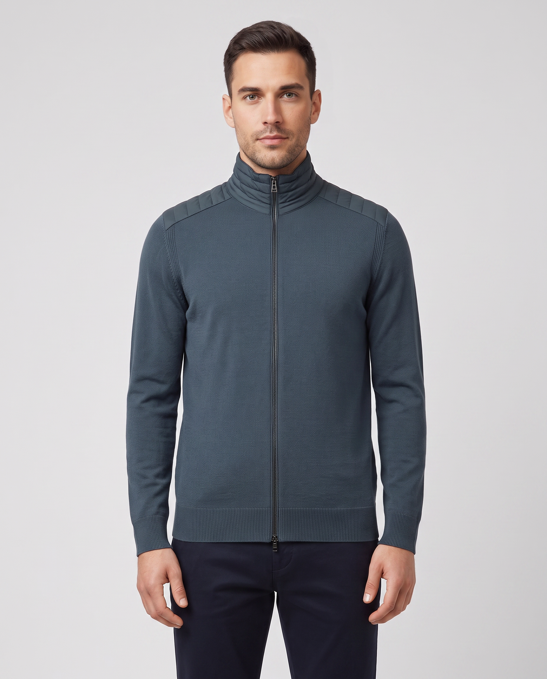 Mens Belstaff Kelby Zip Cardigan Petrol Knitwear — on model
