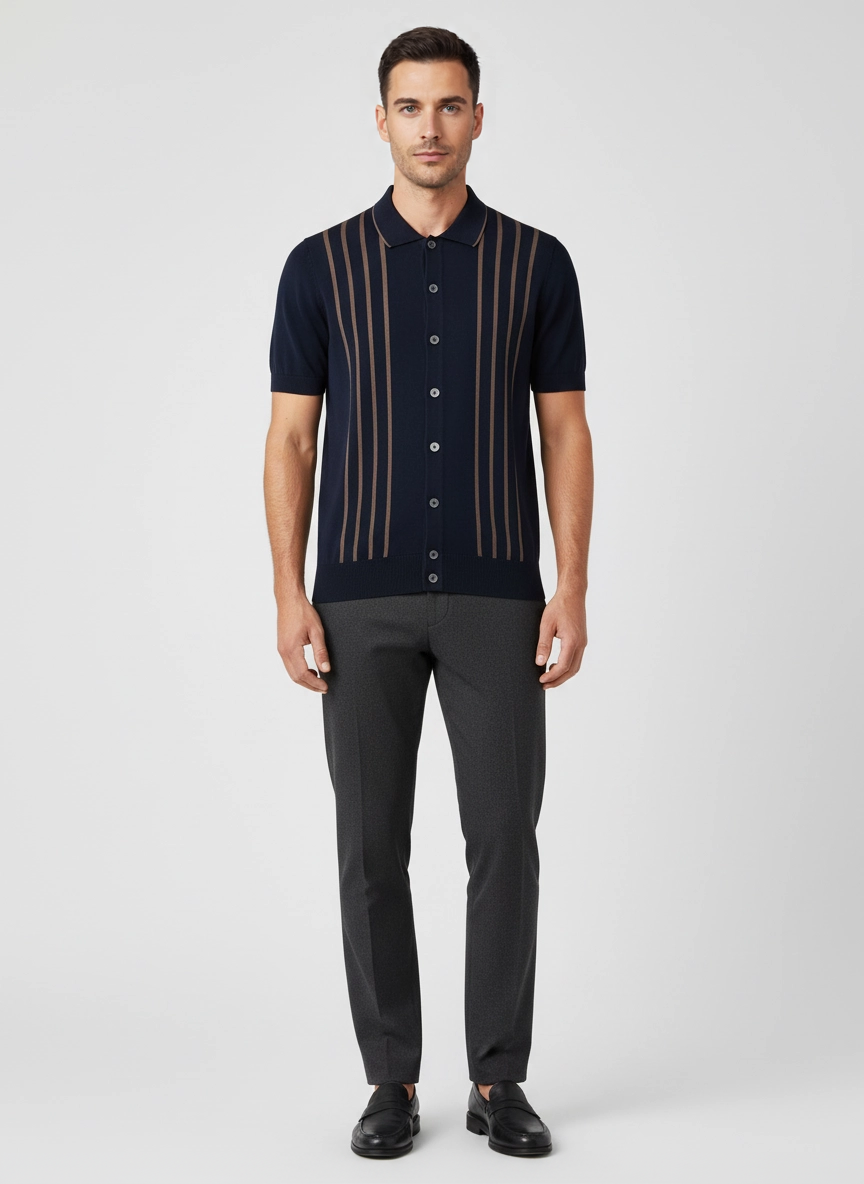 Men's Gran Sasso Navy Stripe Knit Full Button Up Polo Shirt on model
