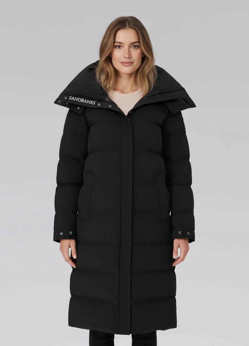 Women's Sandbanks Haven Black Long Puffer Jacket on model