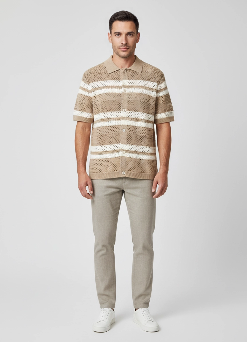 Mens Les Deux Dark Sand Gianni Knitted Shirt on model