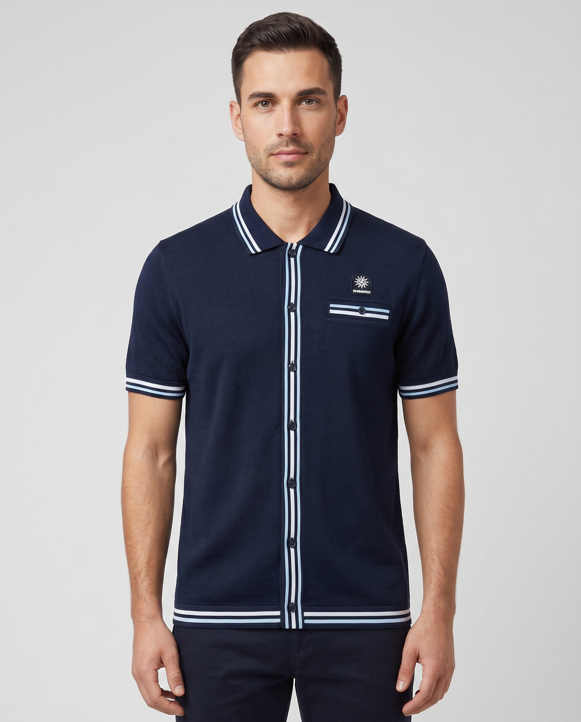 Men's Sandbanks Navy Textured Full Button Polo Shirt