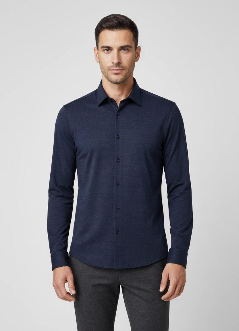 Mens BOSS Black P-HANK-kent-C1-222 Dark Blue Melange Slim Fit Shirt on model
