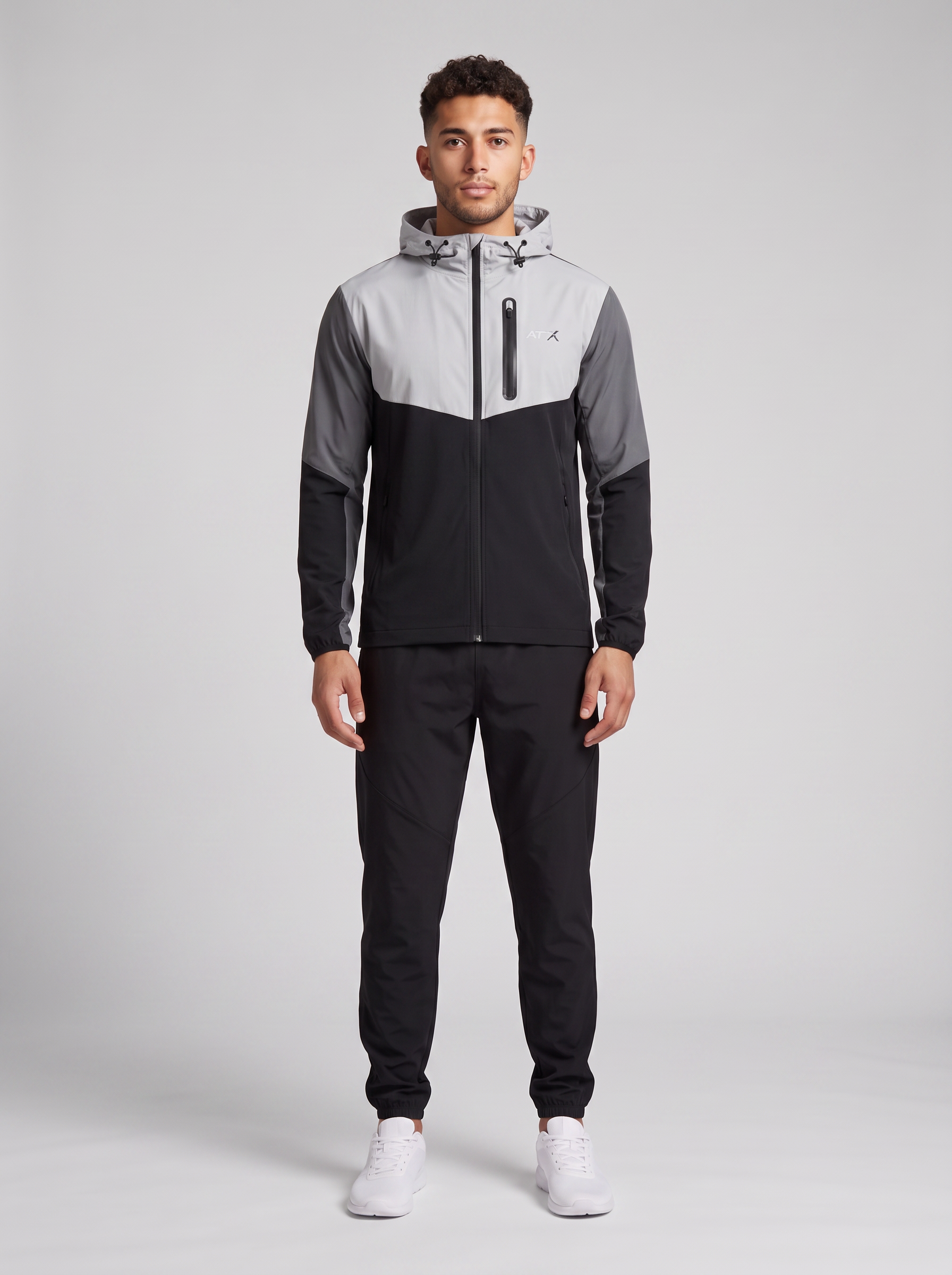 Men's ATX Traverse Track Top in Grey/Black & Traverse Track Pant in Black Tracksuit Set — on model