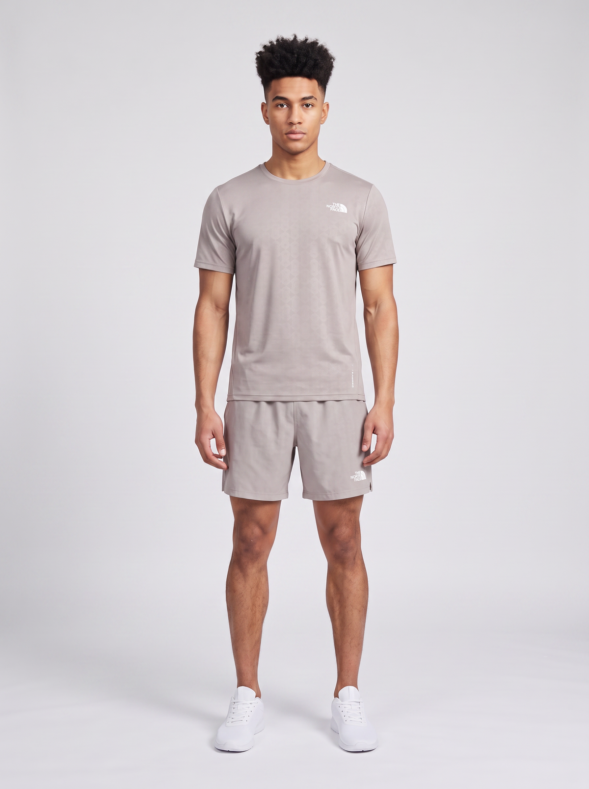 Mens The North Face 24/7 PTD EB RG SS Meld Grey T Shirt & 7IN Meld Grey Short Set — on model