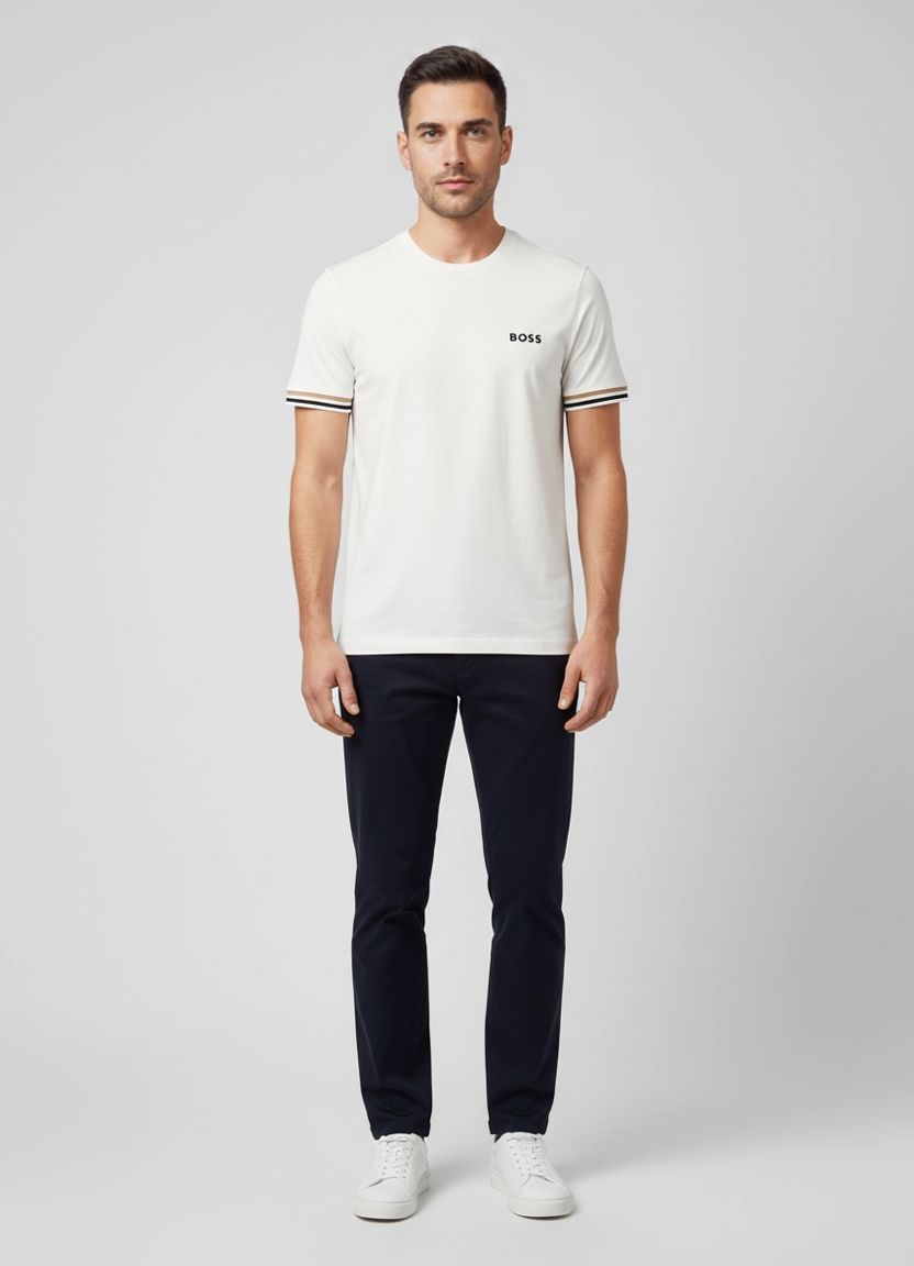 Men's BOSS White Tee MB 2 Slim Fit Logo T Shirt on model
