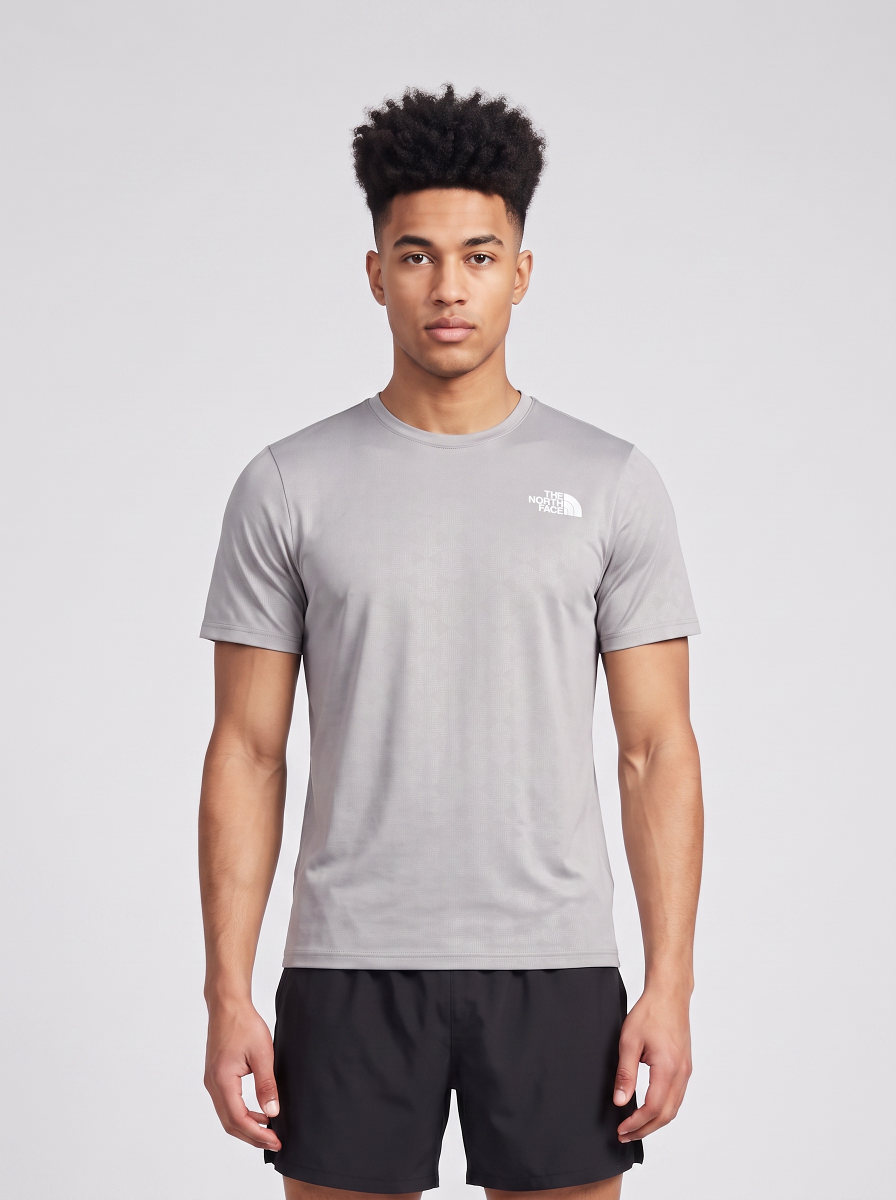 Mens The North Face 24/7 PTD EB RG SS Meld Grey T Shirt — on model