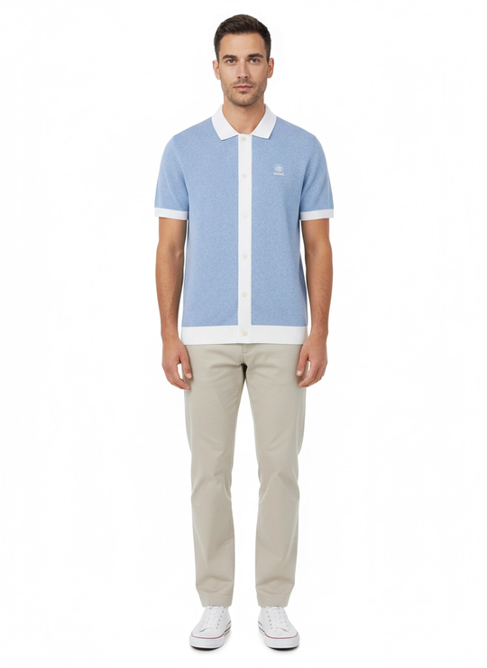 Men's Sandbanks Dusty Blue Full Button Polo Shirt