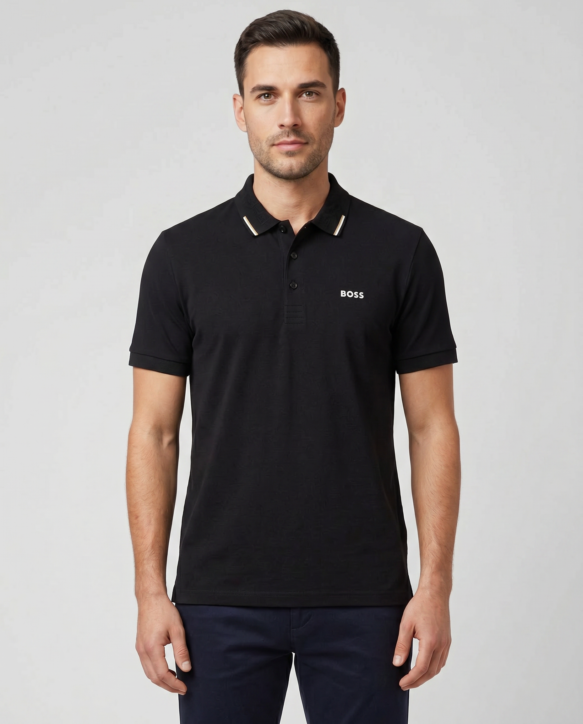 BOSS Green PL GOC Swing Black Paddy Polo Shirt — on model