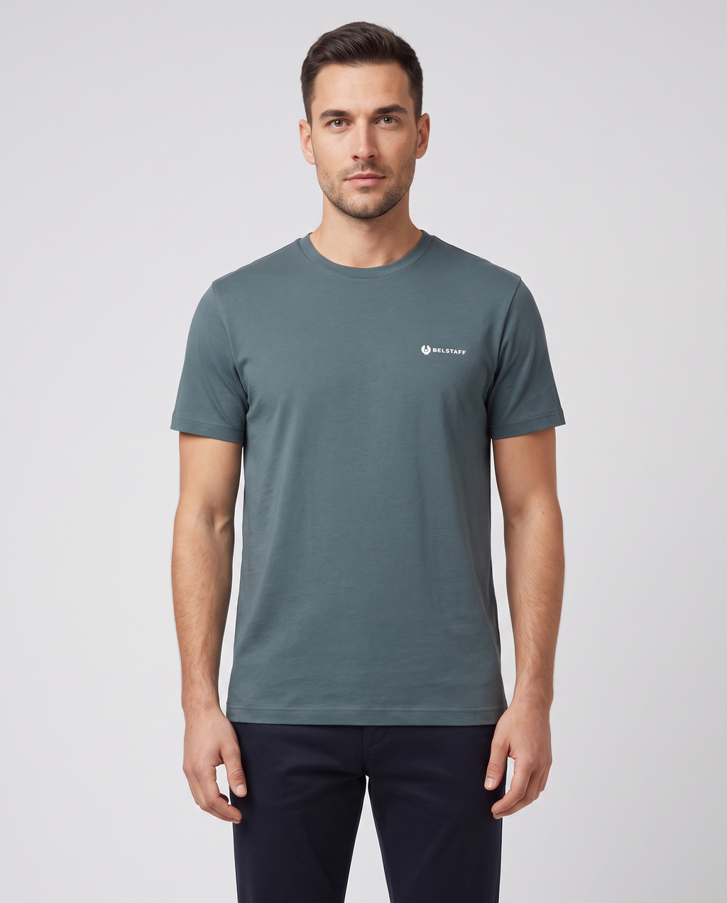 Mens Belstaff 3 Pack Multi T Shirts Petrol/Mist Blue/Concrete — on model