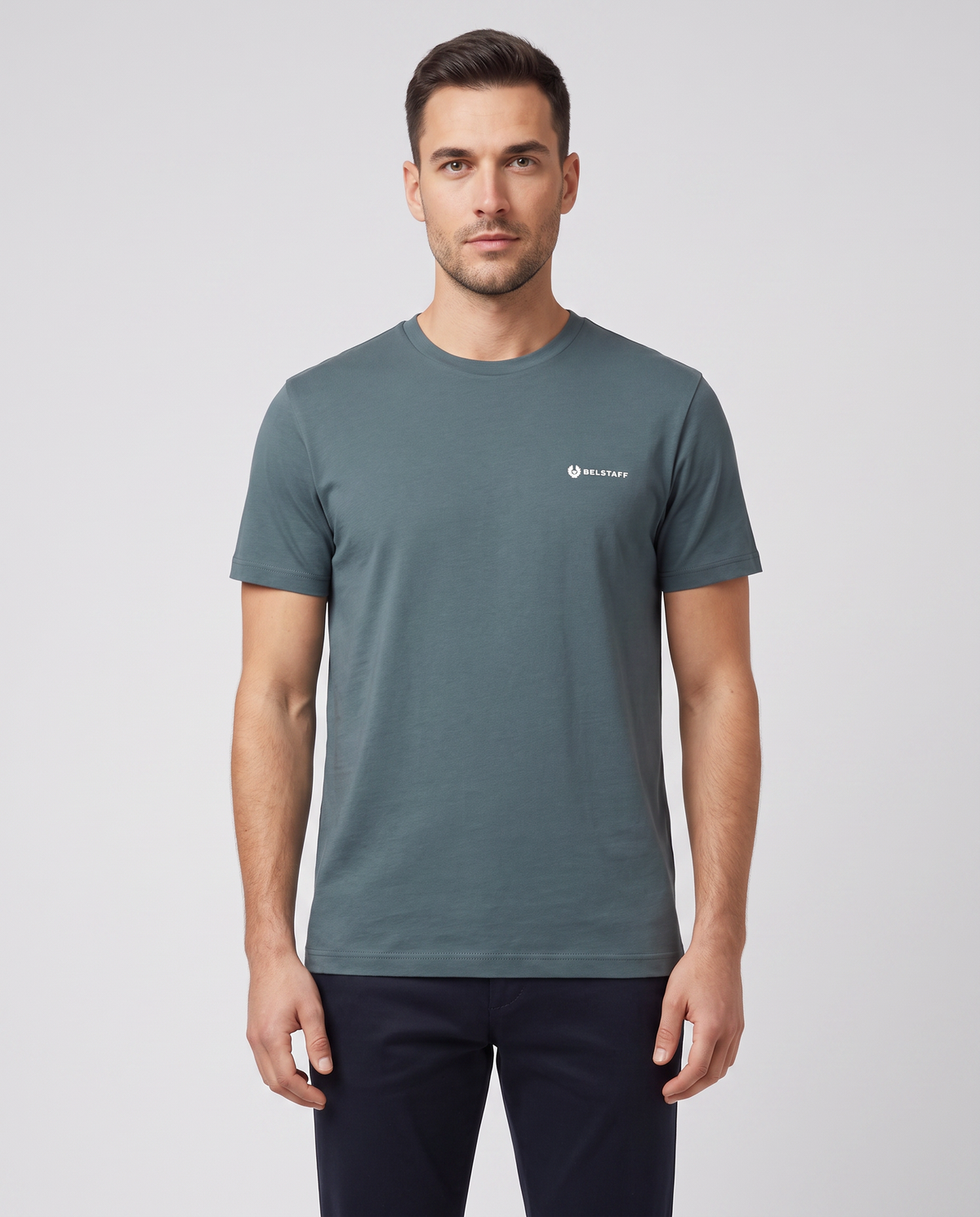 Mens Belstaff 3 Pack Multi T Shirts Petrol/Mist Blue/Concrete — on model