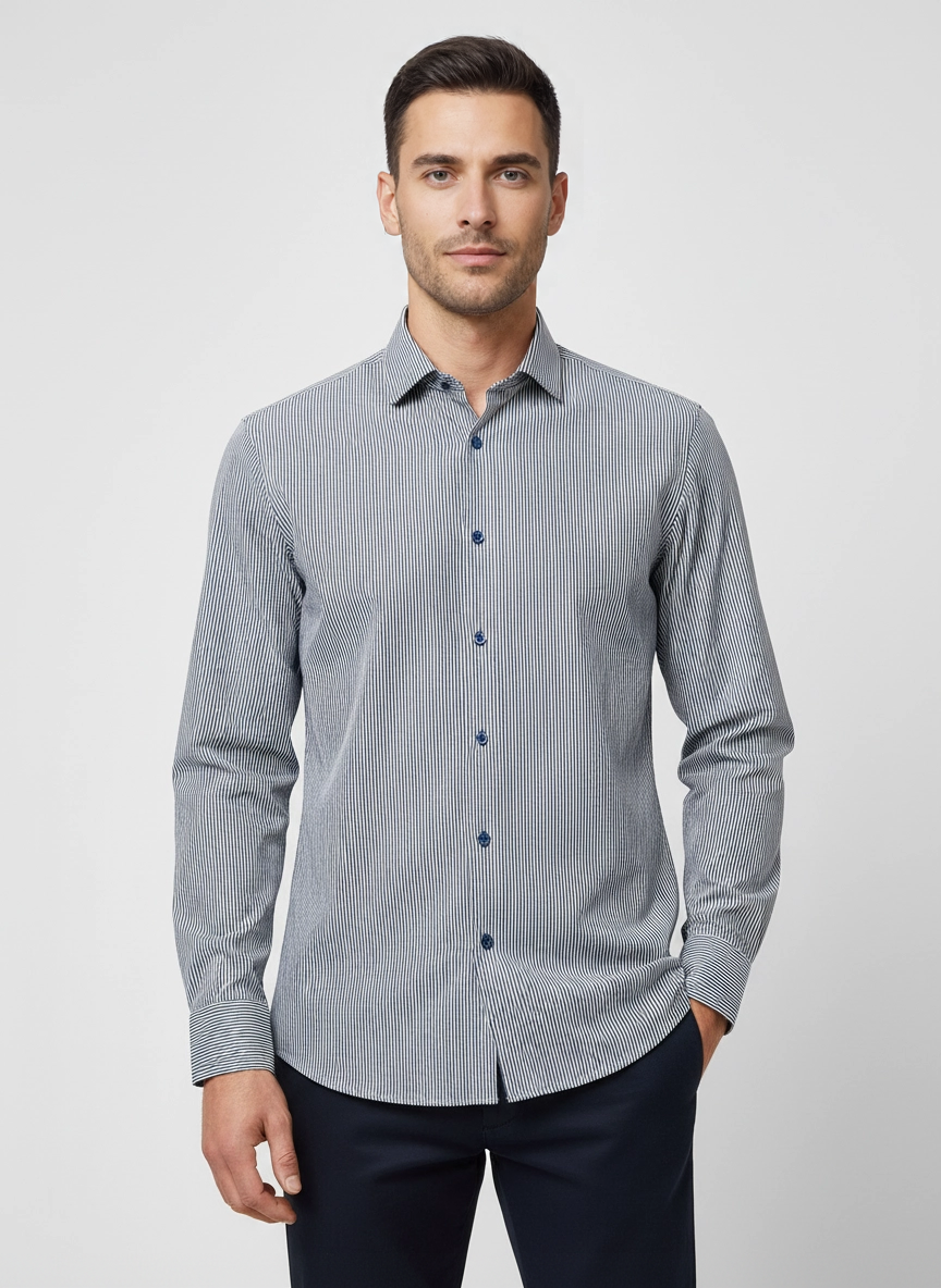 Mens BOSS Black P-HANK-kent-C1-222 Dark Blue Slim Fit Shirt on model