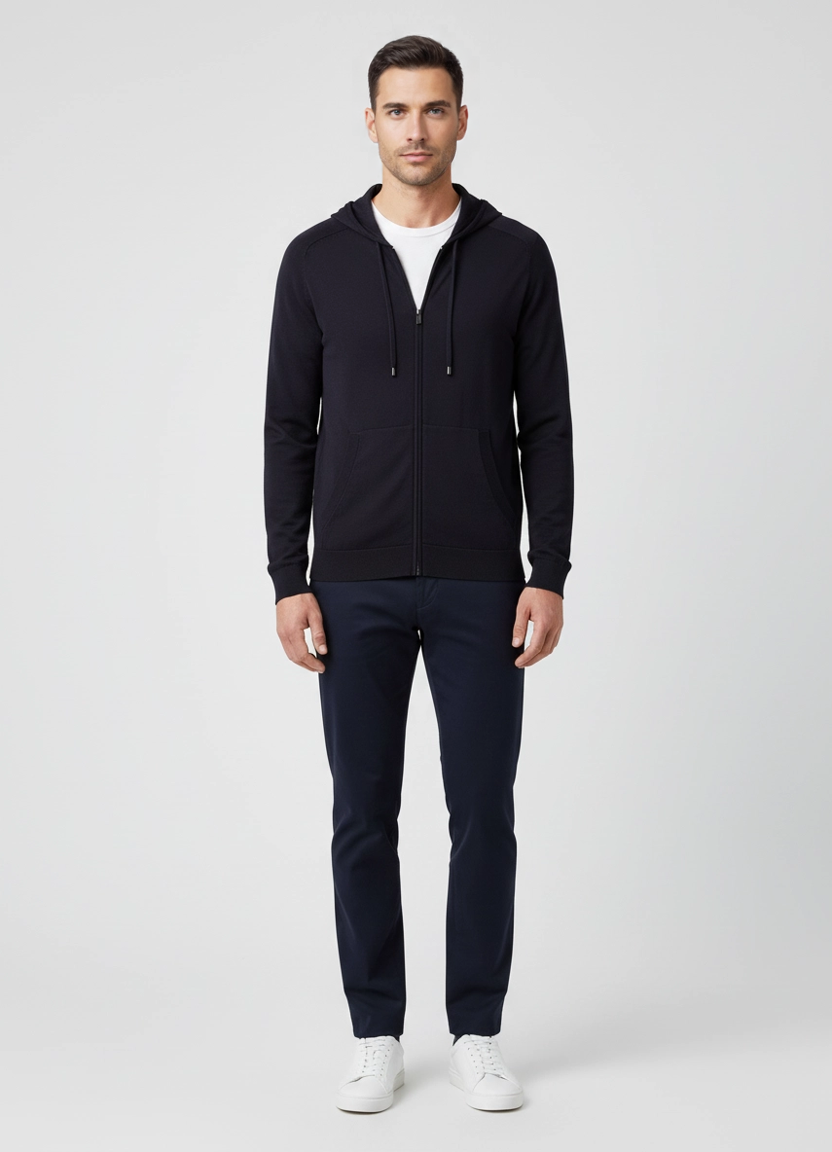 Men's Pal Zileri Navy Blue Knitted Zip Up Hoodie on model