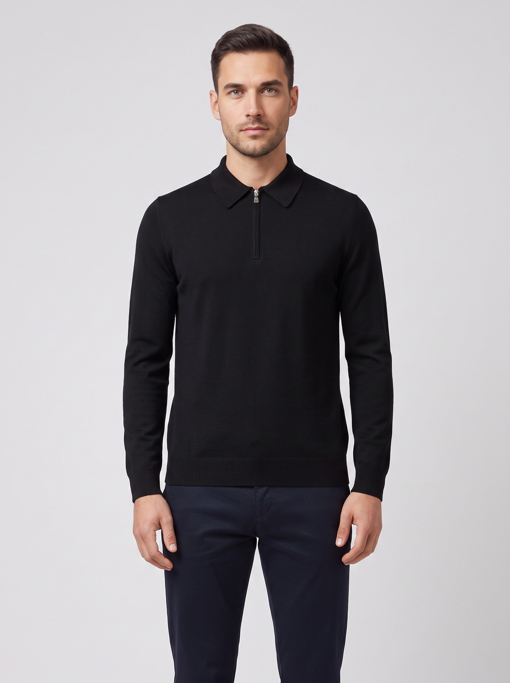 Men's Gran Sasso Black Long Sleeve Zip Merino Wool Knitted Polo Shirt — on model