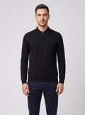 Men's Gran Sasso Black Long Sleeve Zip Merino Wool Knitted Polo Shirt — on model