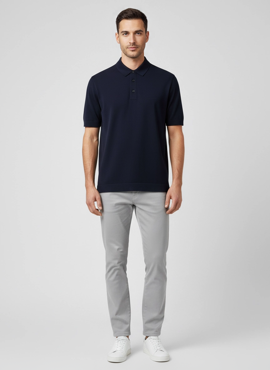 Mens BOSS Black C-Jervasoni Dark Blue Relaxed Fit Knitted Polo Shirt on model