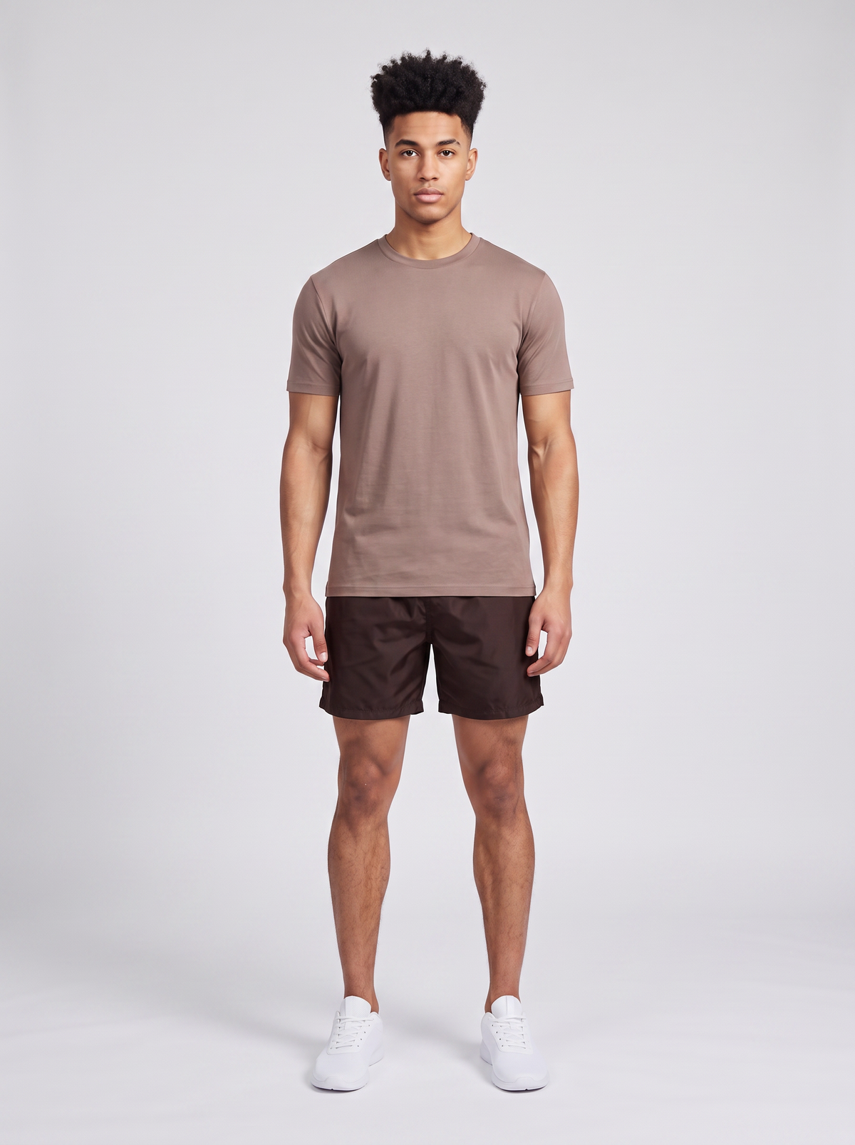 Men's Catini Firenze Plain T-Shirt in Mocha & Baratti Versatile Shorts Chocolate Set — on model