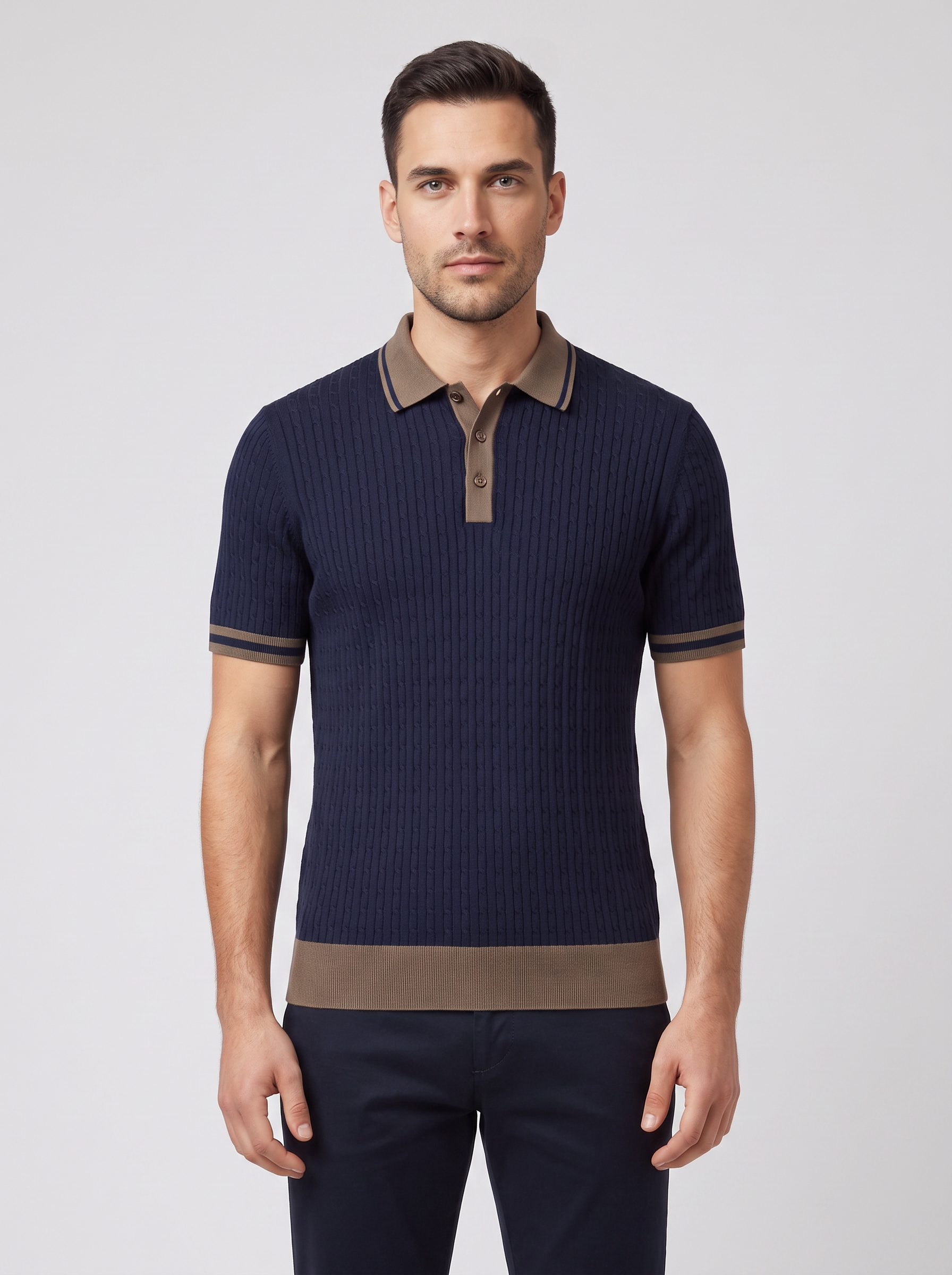Men's Gran Sasso Navy Cable Knit 3 Button Polo Shirt — on model