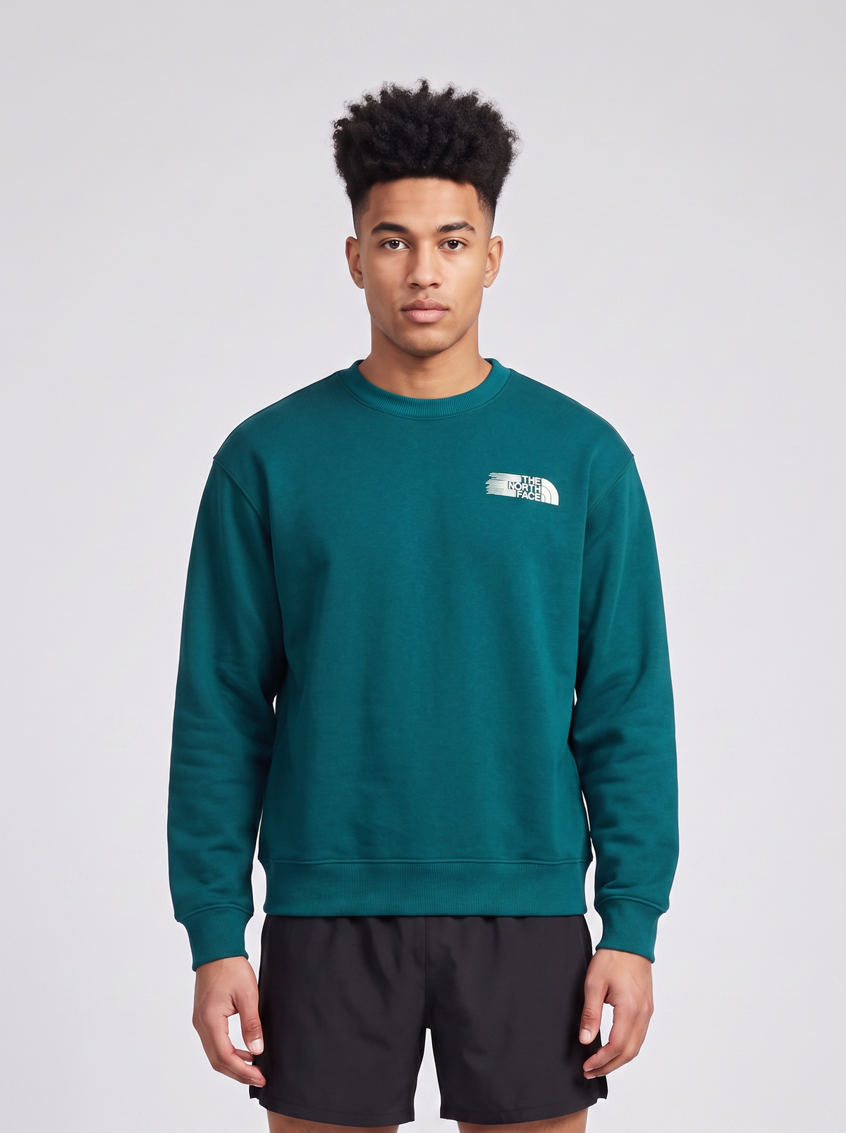 Men's The North Face Retro Trail Relaxed Crew Sweatshirt Pacific Teal — on model