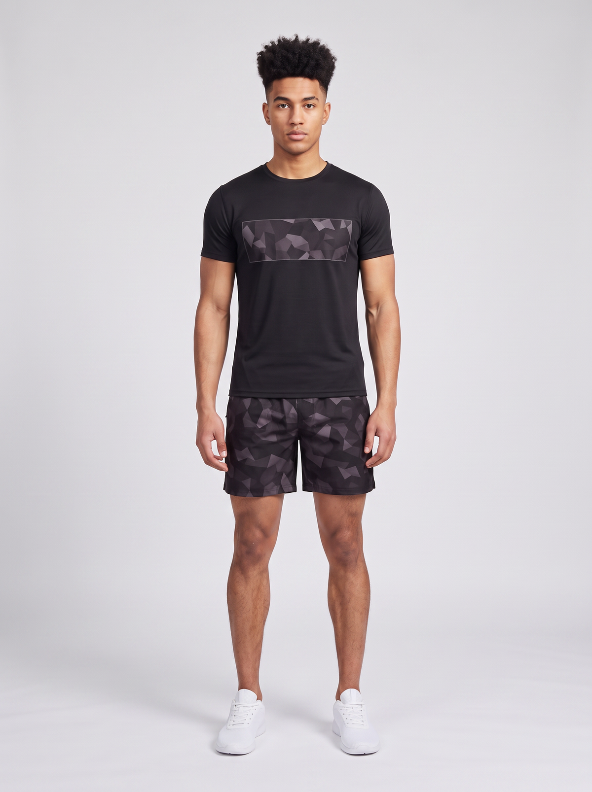 Men's Catini Astratto T-Shirt in Black & Astratto Shorts in Black Set — on model