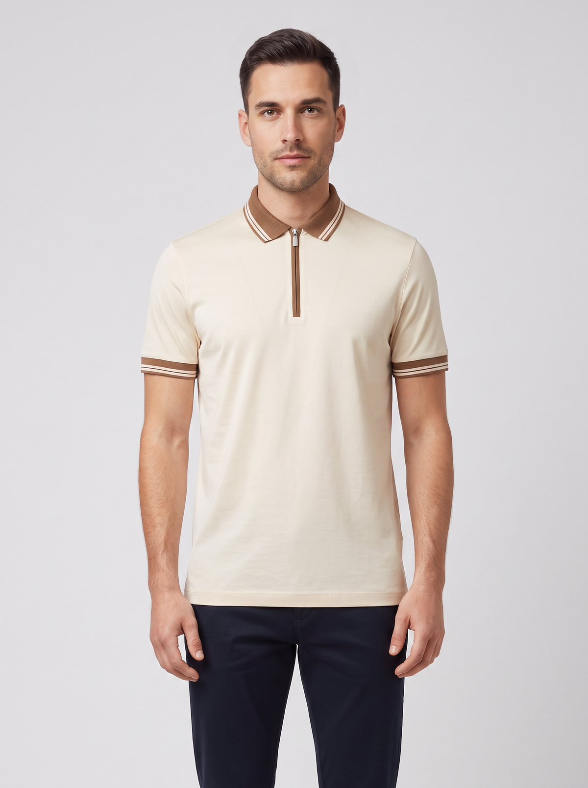Men's Gran Sasso Beige Mercerised Zip Polo Shirt — on model