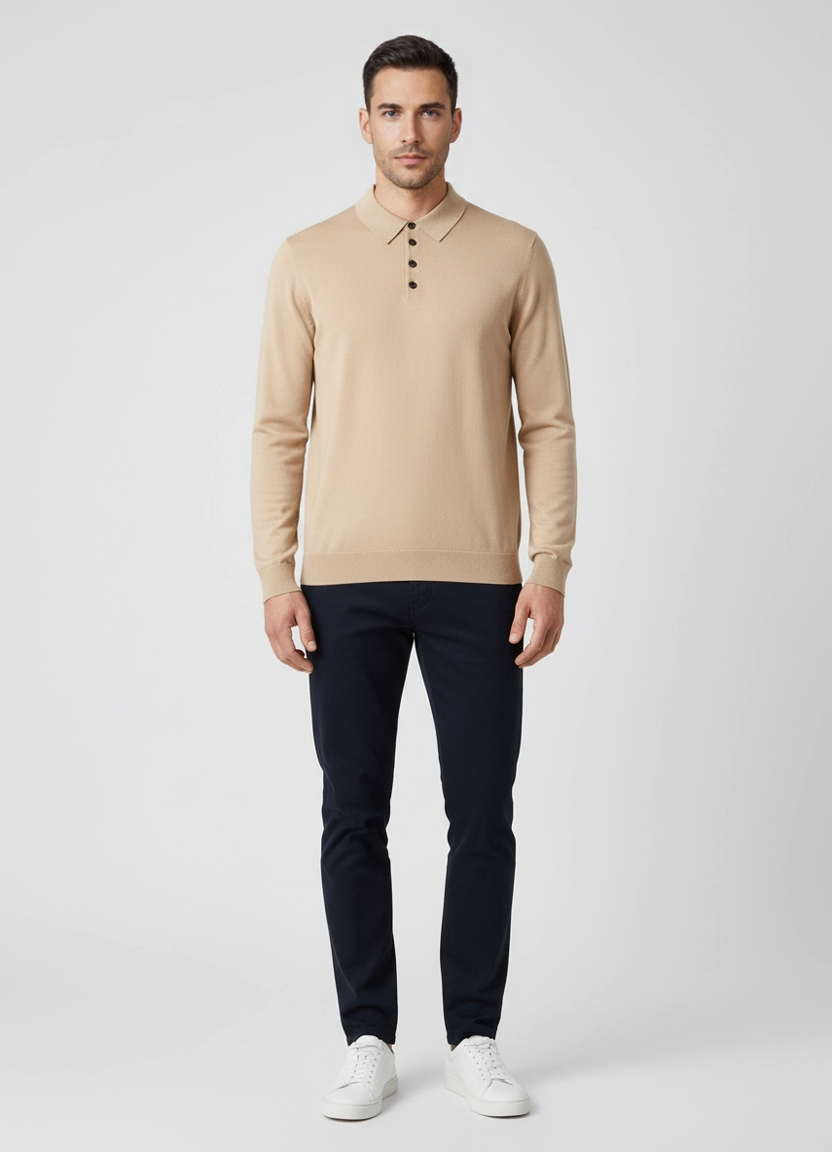 Men's Pal Zileri Light Brown Long Sleeve Knitted Polo Shirt