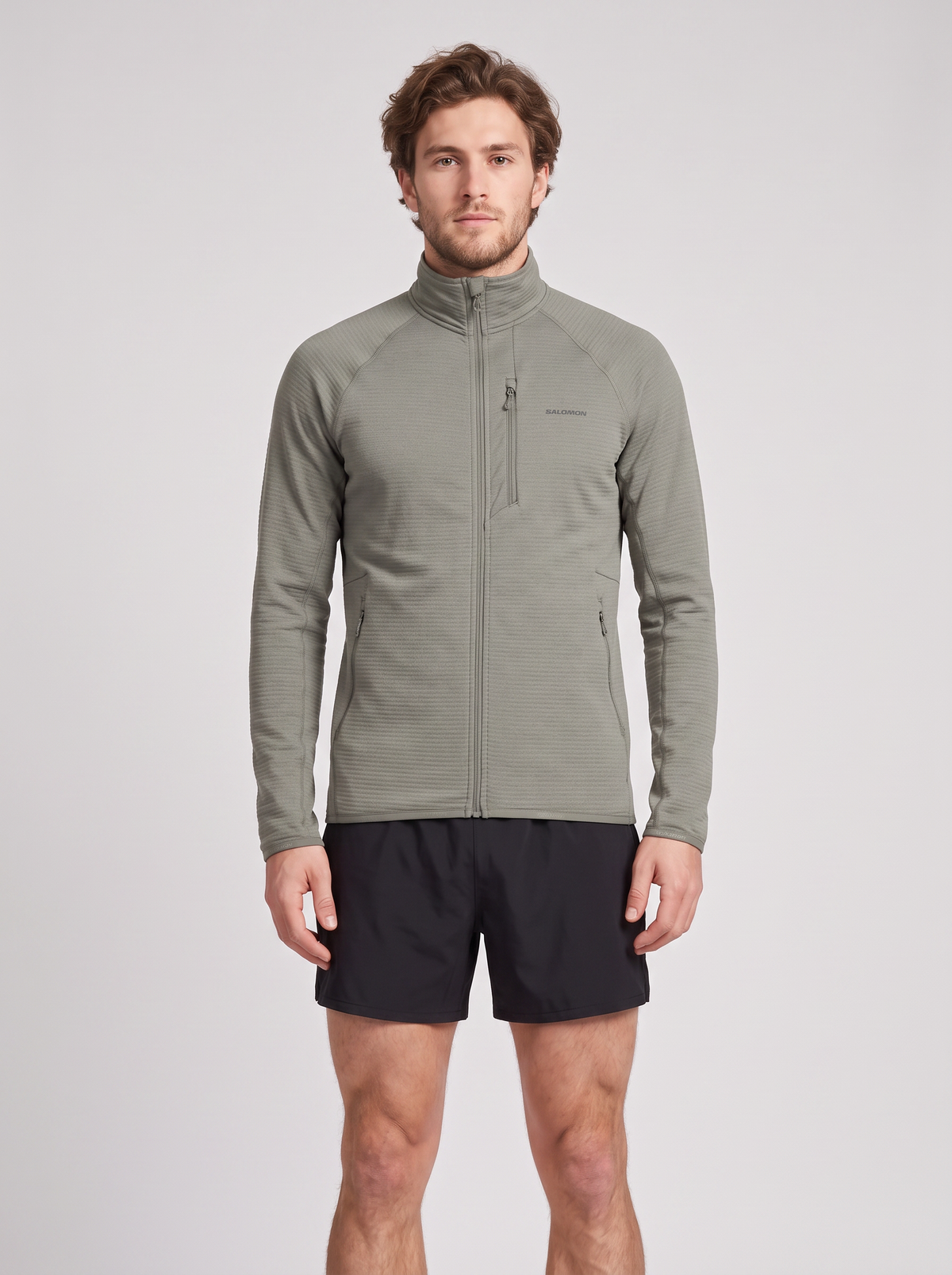 Mens Salomon SNTIAL LIGHTWARM FZ Castor Gray Jacket — on model