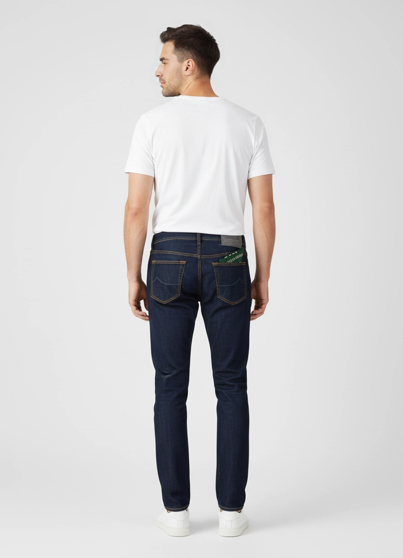 Mens Jacob Cohen 5PKT Bard Slim Fit Dark Blue Jeans back view on model