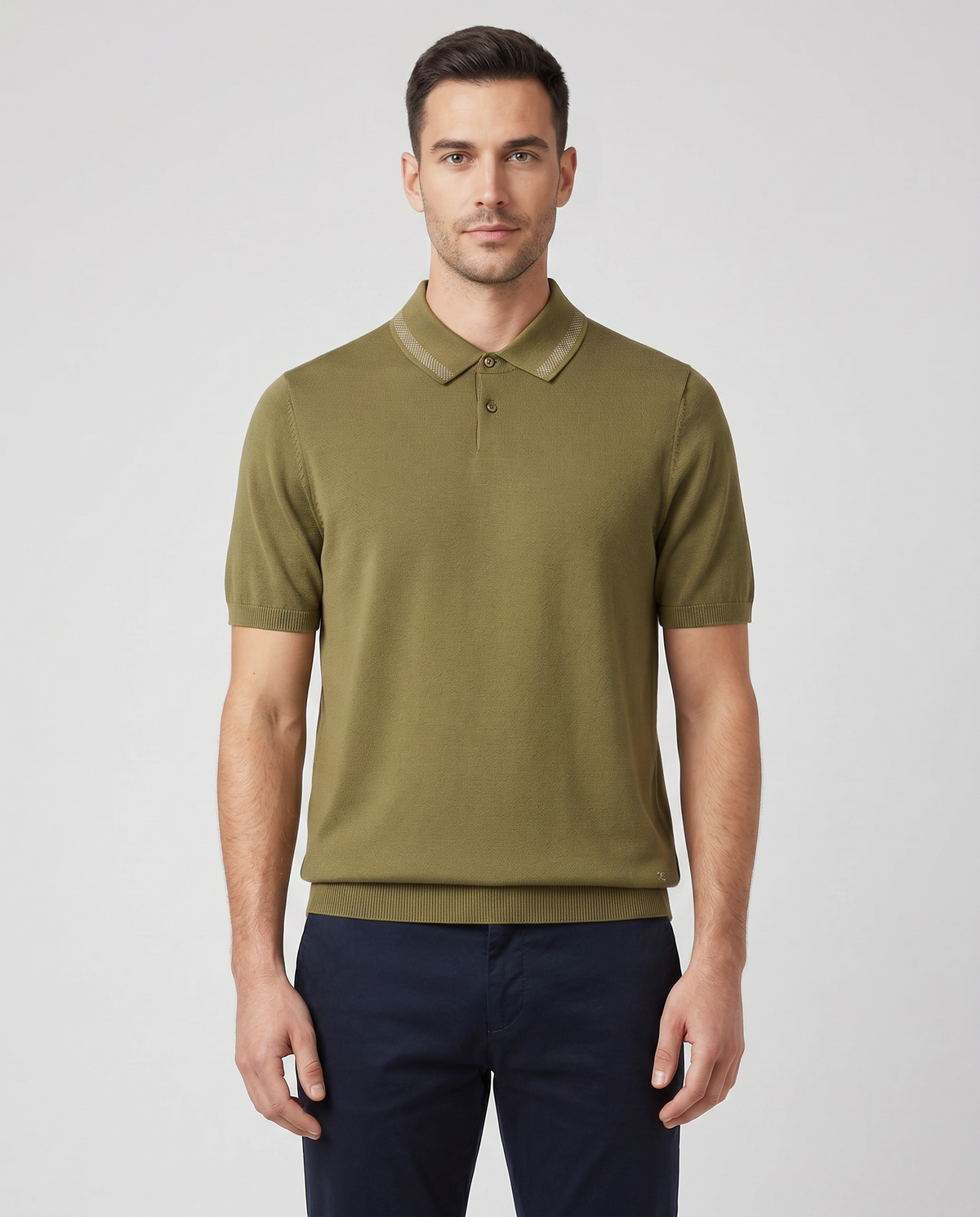 Mens Paul Smith Khaki Knitted Merino Wool Polo Shirt — on model
