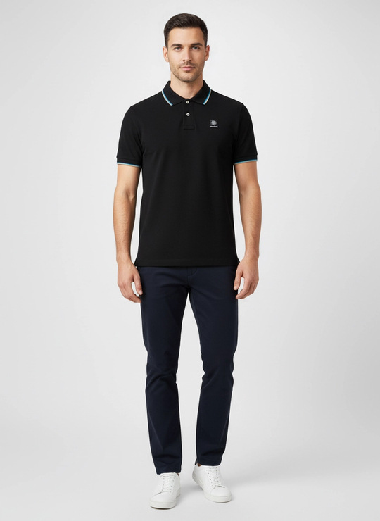 Men's Sandbanks Tipped Badge Black Pique Polo