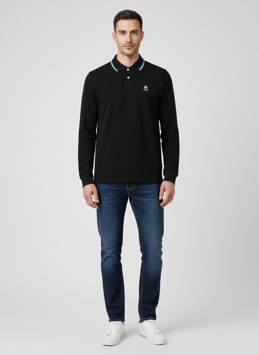 Men's Sandbanks Badge Logo Black Long Sleeve Polo Shirt on model