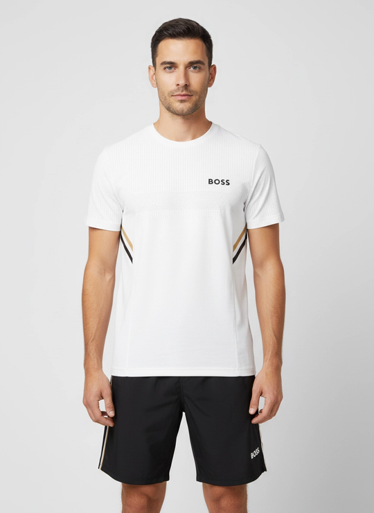 Mens BOSS Green Tee Tec TOC White T Shirt & BOSS Green Black S_T-Match 9 inch Shorts