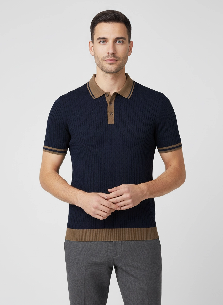 Men's Gran Sasso Navy Cable Knit 3 Button Polo Shirt