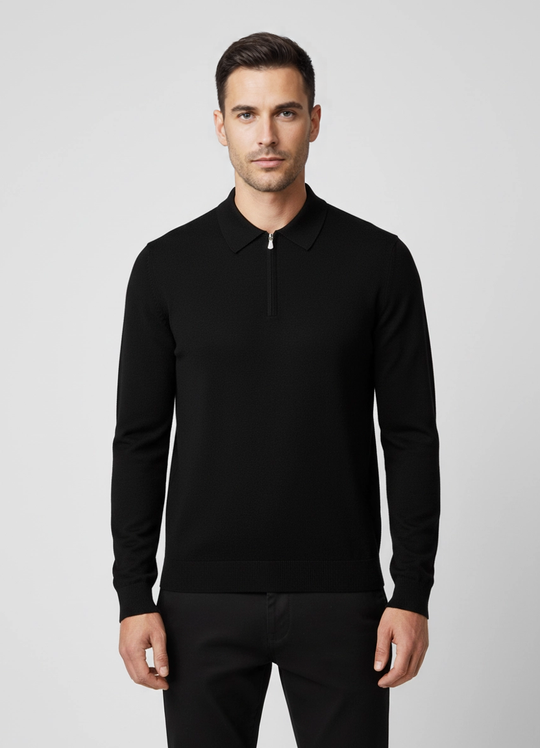 Men's Gran Sasso Black Long Sleeve Zip Merino Wool Knitted Polo Shirt