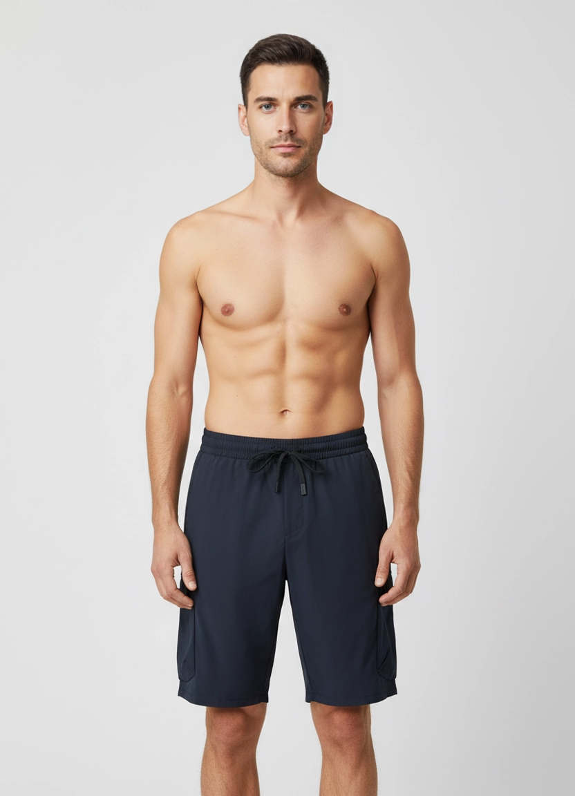 Mens BOSS Green S_Urbanex-Cargo Dark Blue Tapered Fit Shorts on model