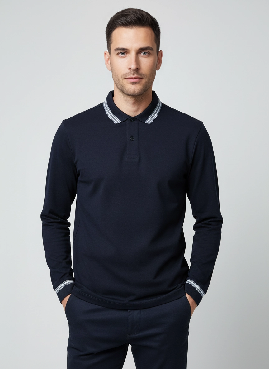 BOSS Black H-Pleins 202 Dark Blue Slim Fit Polo Shirt on model